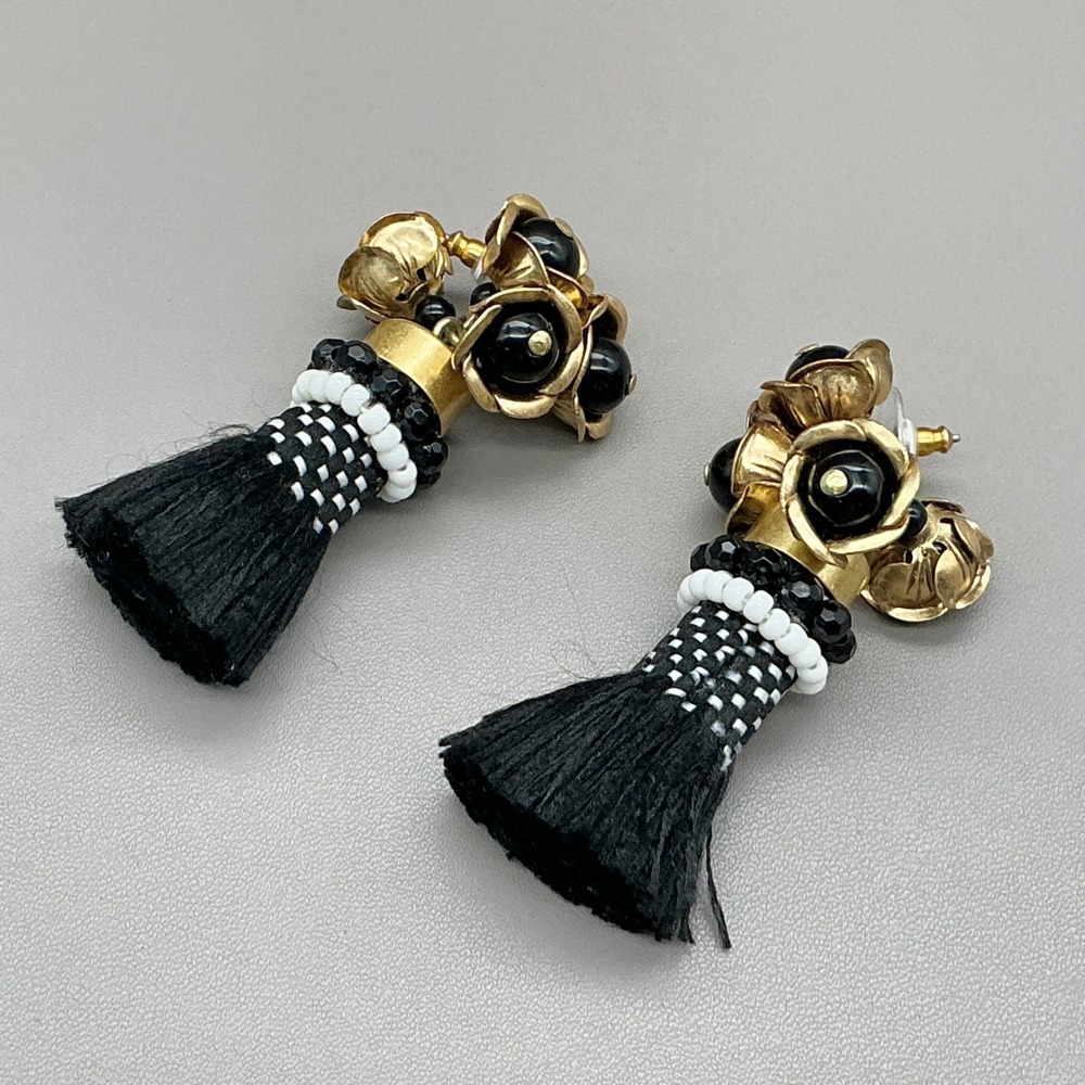 J.Crew Tassel Earrings Women Black Gold Floral Beaded Dangle Statement Jewelry